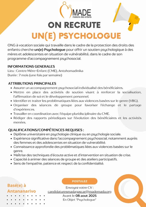 Recrutement d'un(e) Psychologue