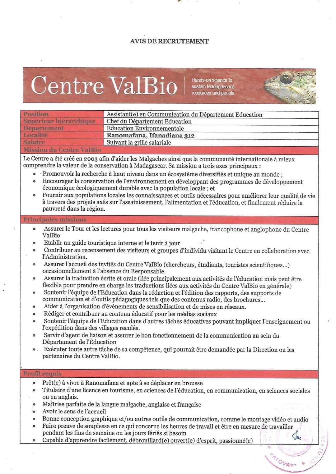 Recrutement d'un(e) Assistant(e) en Communication
